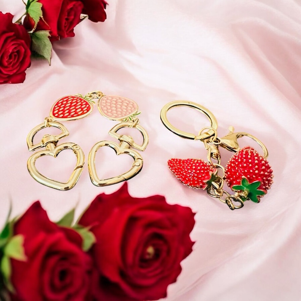 Strawberry & Hearts Bag Charm & Keychain with Red & Pink Charms Gold Chain - Picture 3 of 8